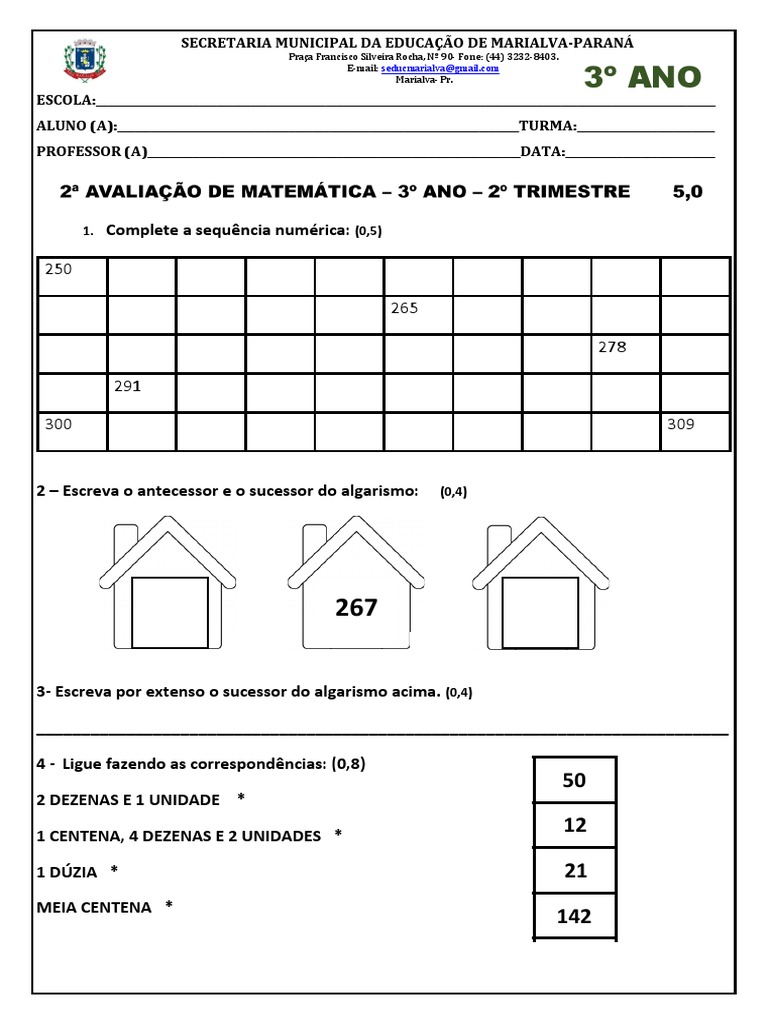 Atividades de Matemática para 3º Ano | PDF | Matemática