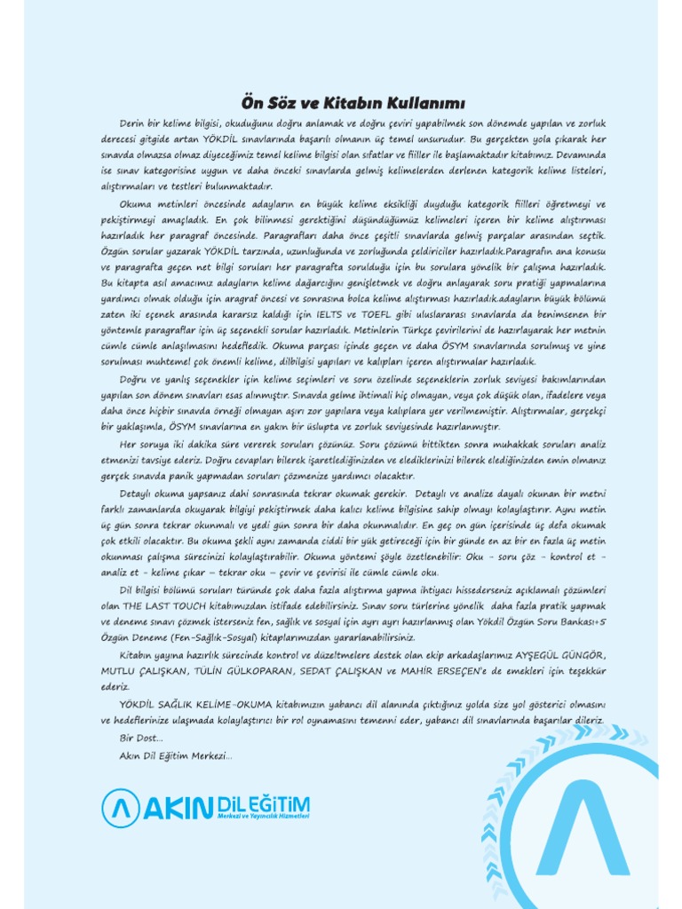 Akin Publishing Yok Dil Sağlık Kelime Okuma | PDF