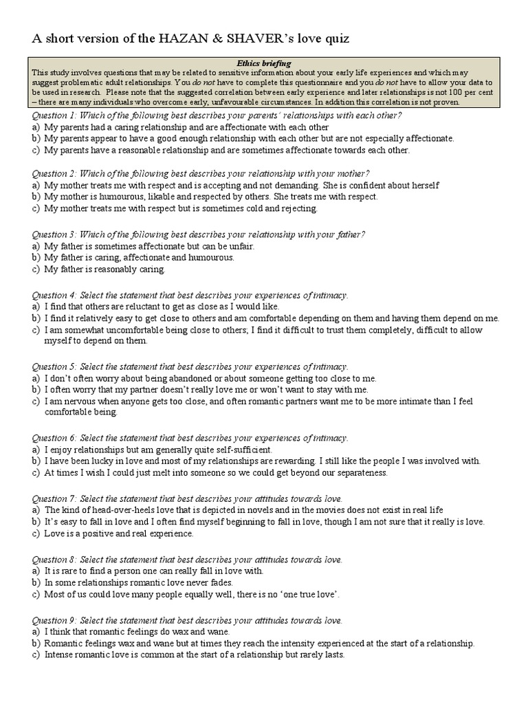Hazan and Shaver The Love Quiz PDF