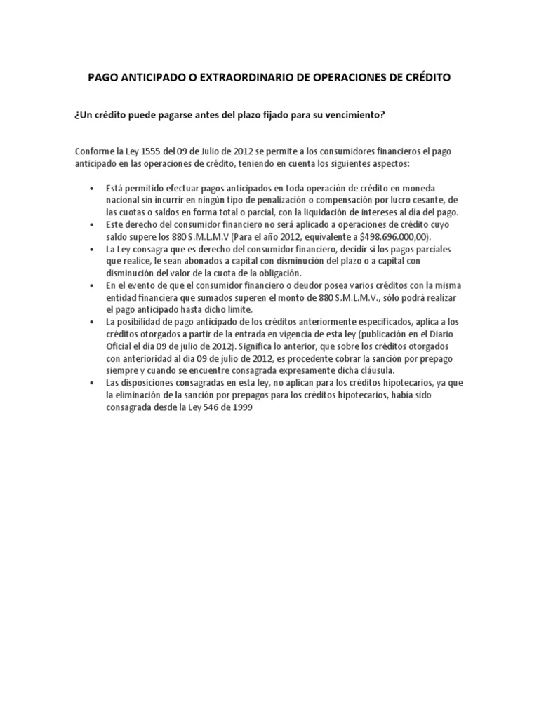 Pago Anticipado o Extraordinario de Operaciones de Crédito | PDF