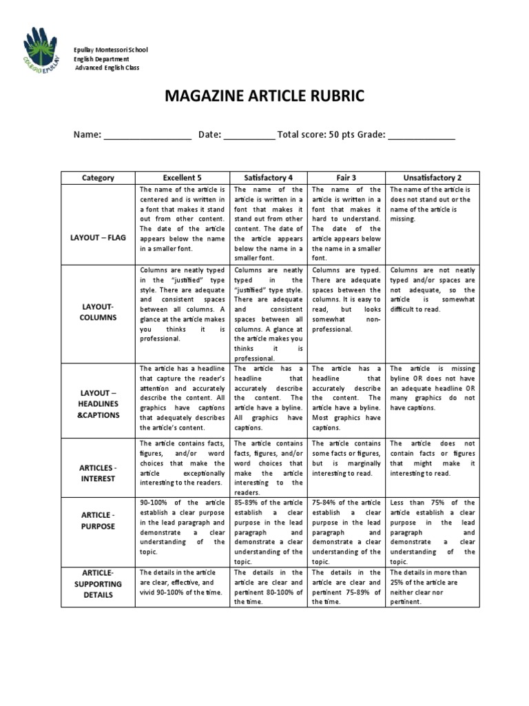 Magazine Article Rubric PDF Proofreading Publishing