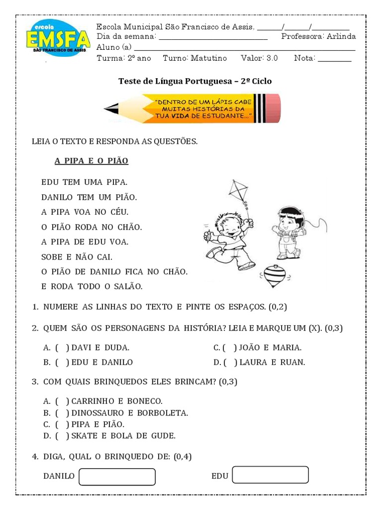 Teste de Língua Portuguesa 2º Ano | PDF | Comunicação humana | Linguística