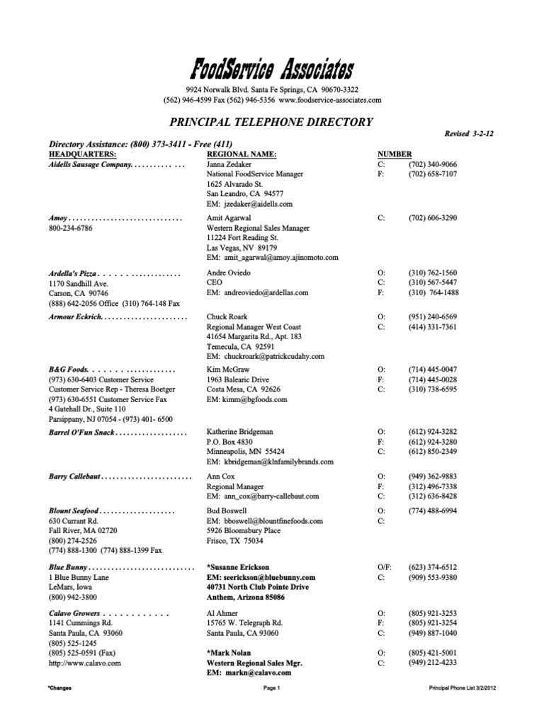 Principal phone list 3 2 12 with addresses pdf food industry