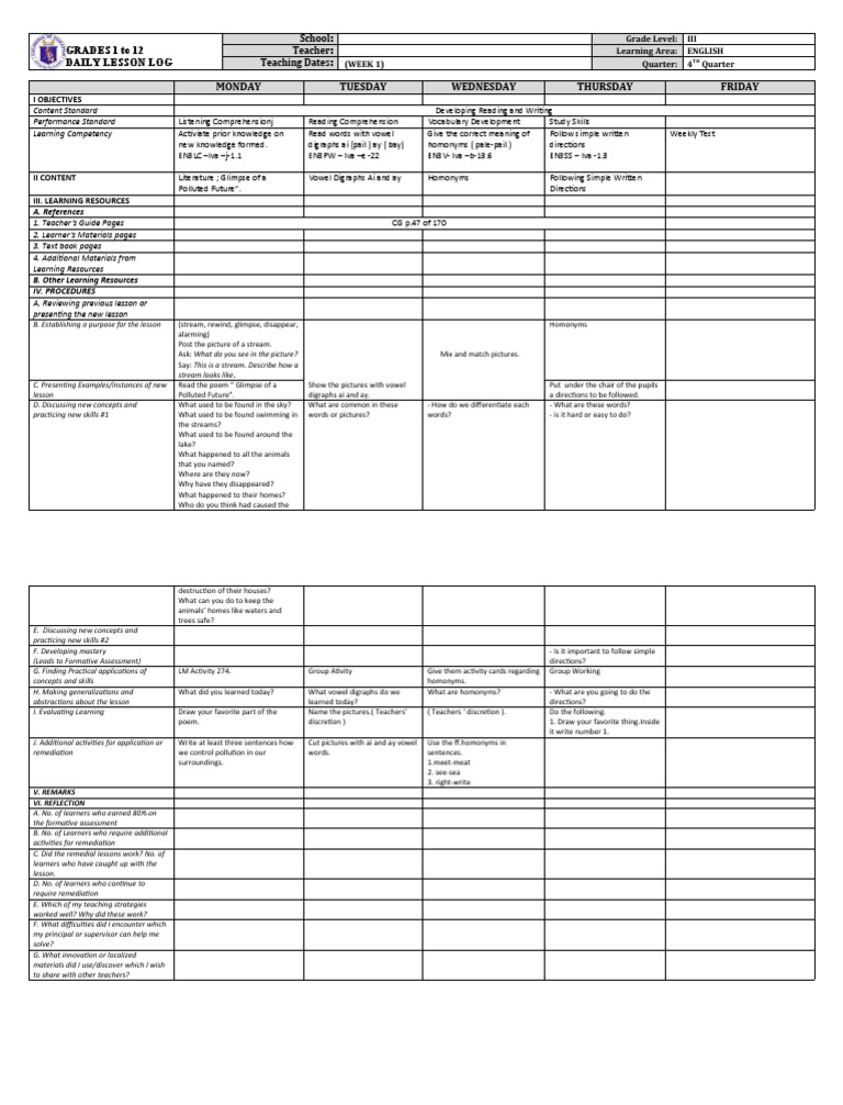 Grade 3 English DLL Week 1 Q4 | PDF | Language Arts & Discipline