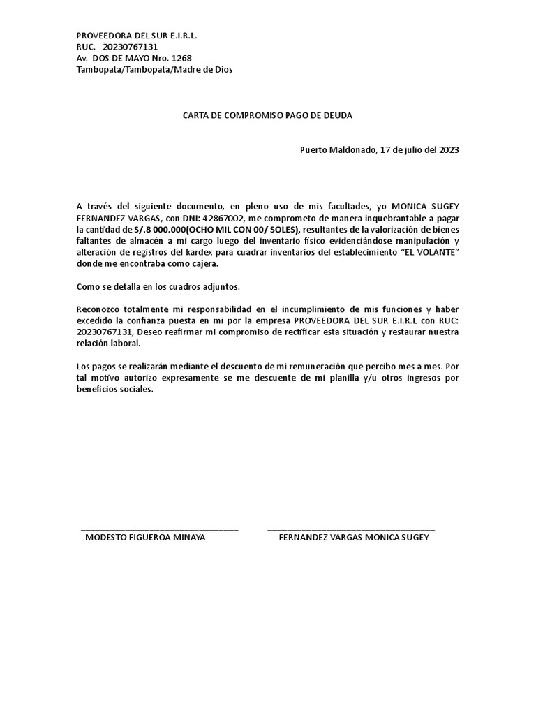 Carta de Compromiso Pago de Deuda | PDF | Finanzas y dinero