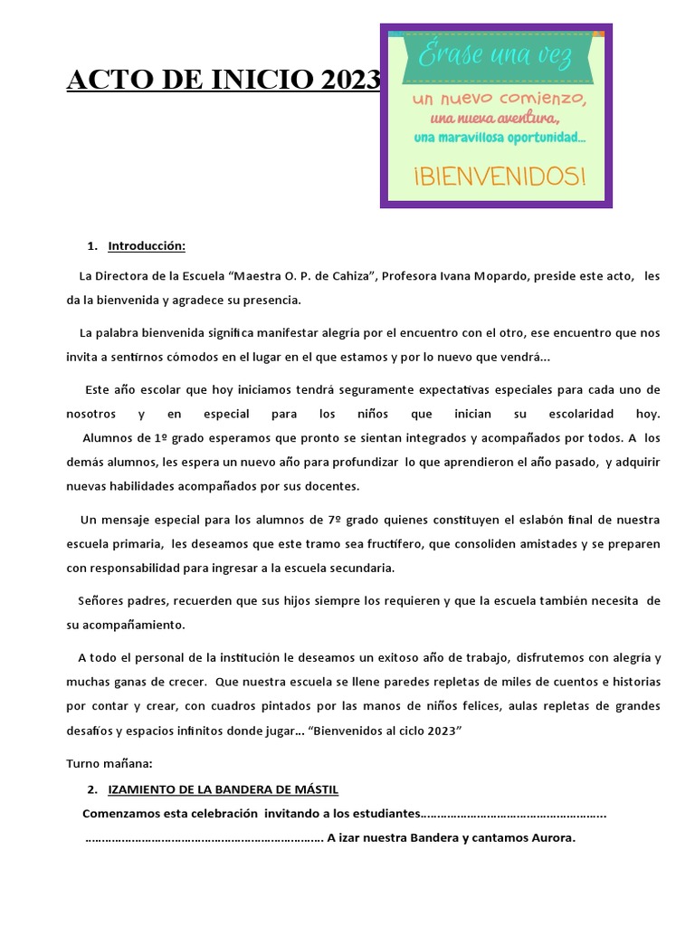 Acto de Inicio Escolar 2023 en Cahiza | PDF | Salud y bienestar