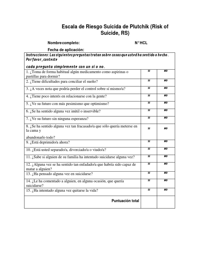 Escala de Riesgo Suicida de Plutchik | PDF