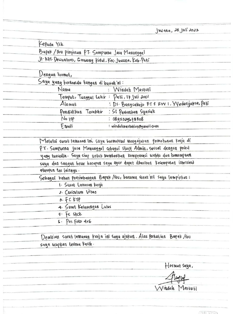 Surat Lamaran Kerja - Staff Admin | PDF