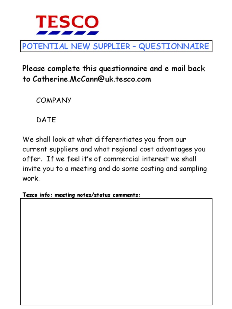 Potential New Supplier Questionnaire Tesco PDF Tesco Overtime
