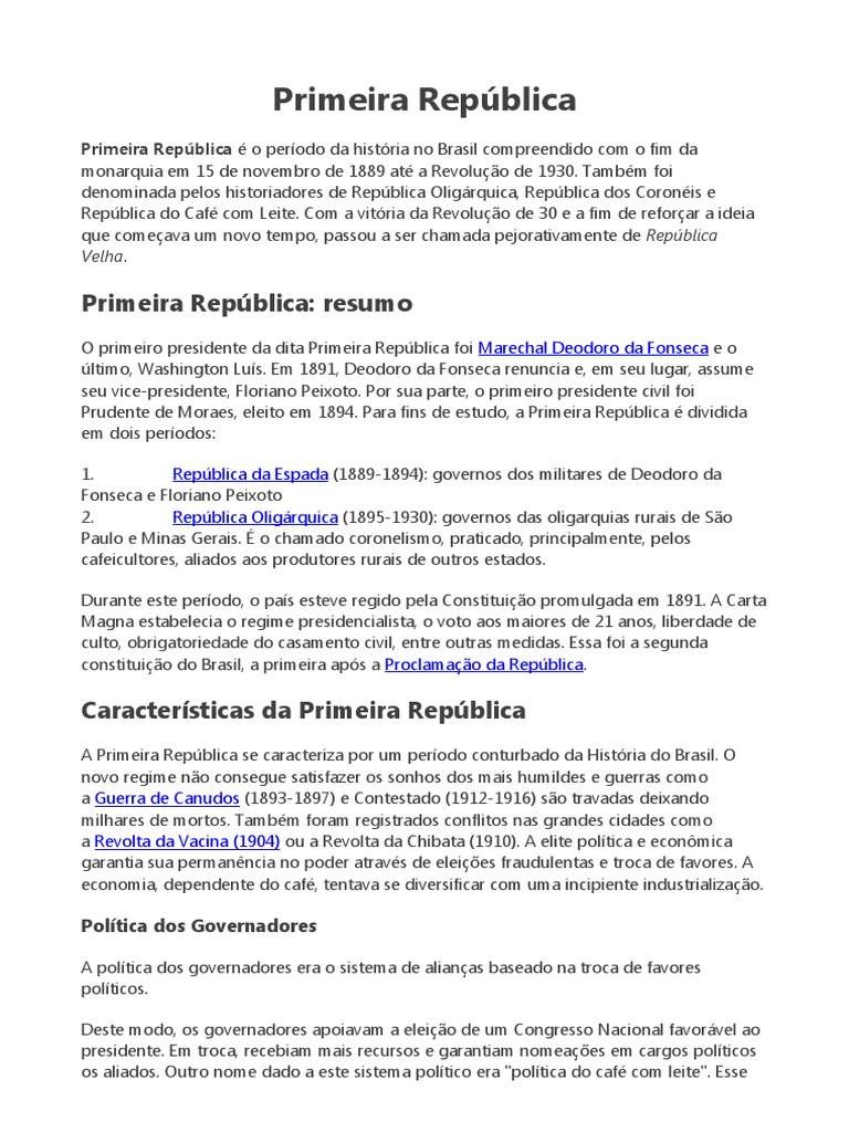 Características da Primeira República | PDF