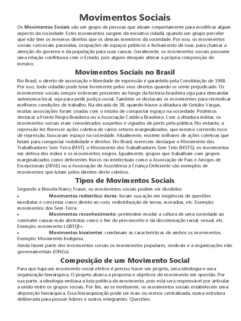 Movimentos Sociais no Brasil: Tipos e Impactos | PDF | Movimentos ...