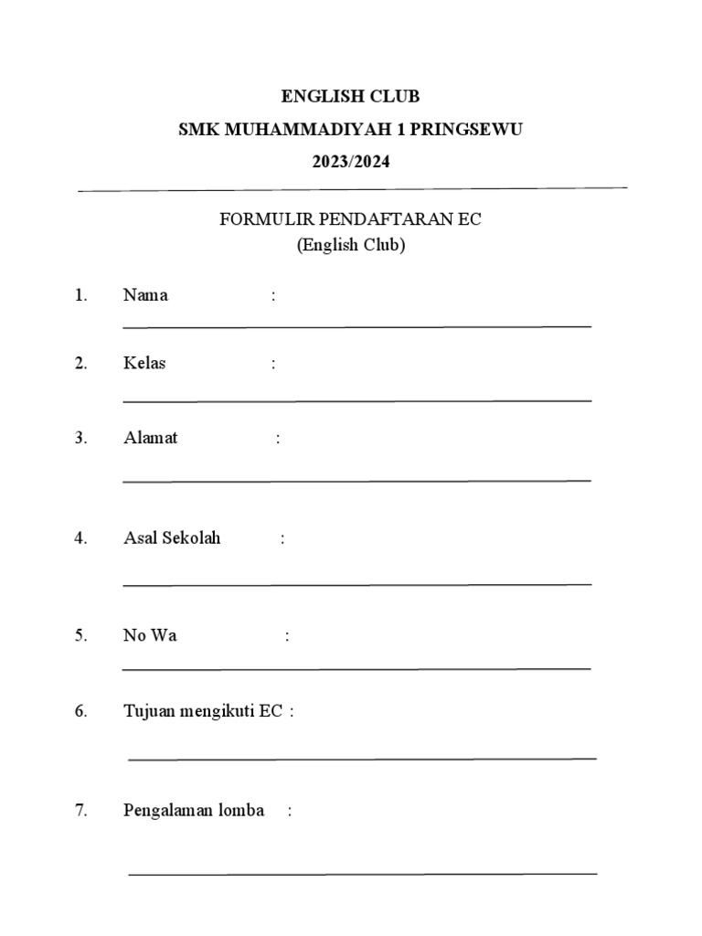 Formulir Pendaftaran English Club | PDF