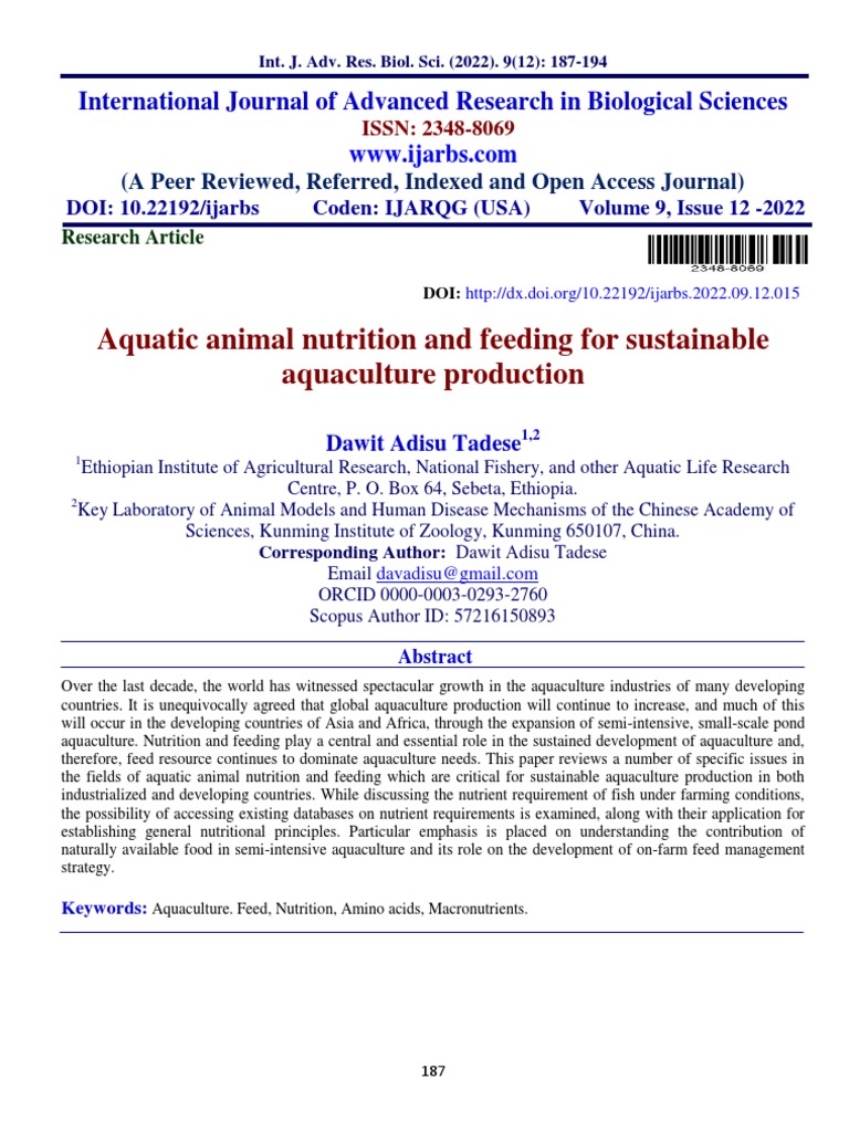 Artigo Aquatic Animal Nutrition And Feeding For Sustainable Aquaculture