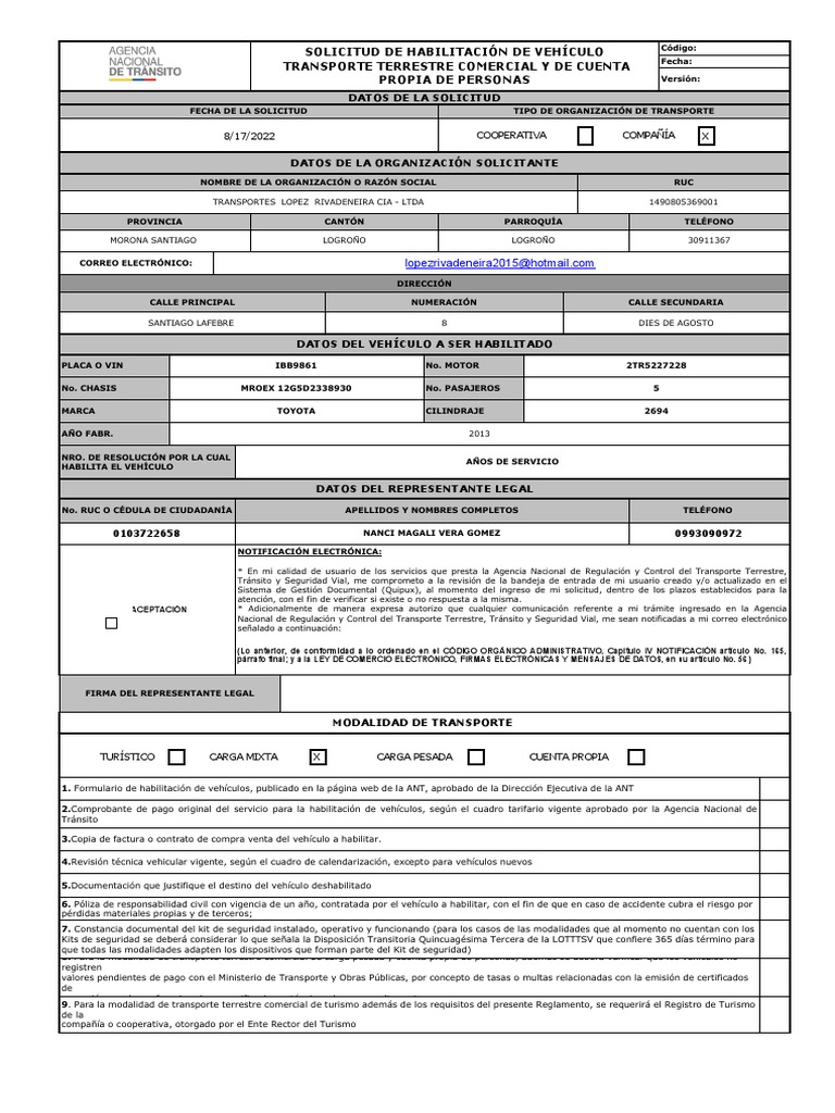 Solicitud de Habilitación Vehicular ANT | PDF