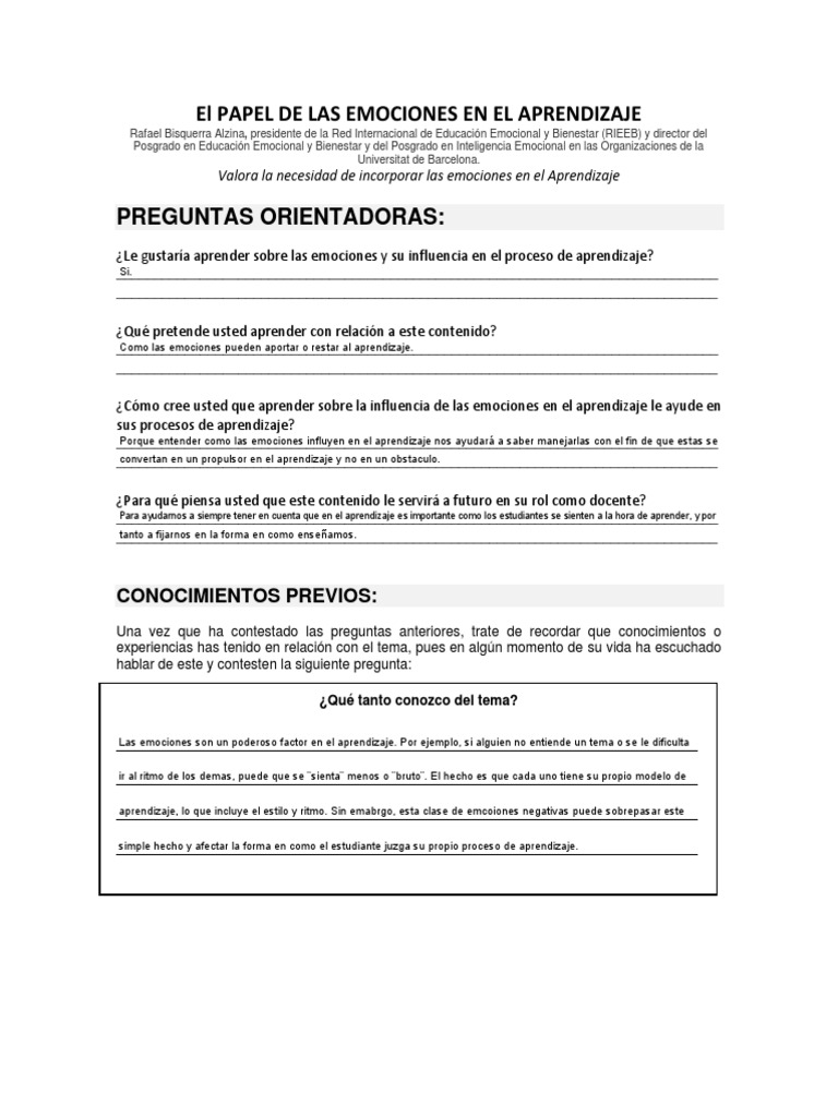 El PAPEL DE LAS EMOCIONES EN EL APRENDIZAJE | PDF | Aprendizaje | Las ...