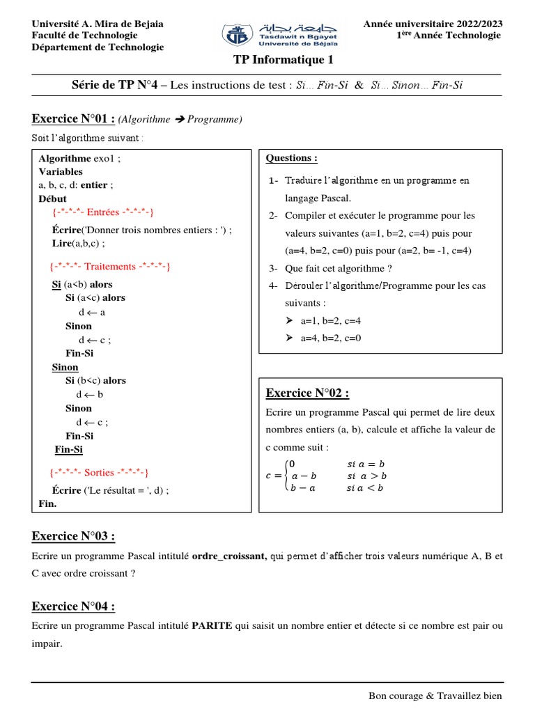 Instructions de test en Pascal | PDF | Programme informatique ...