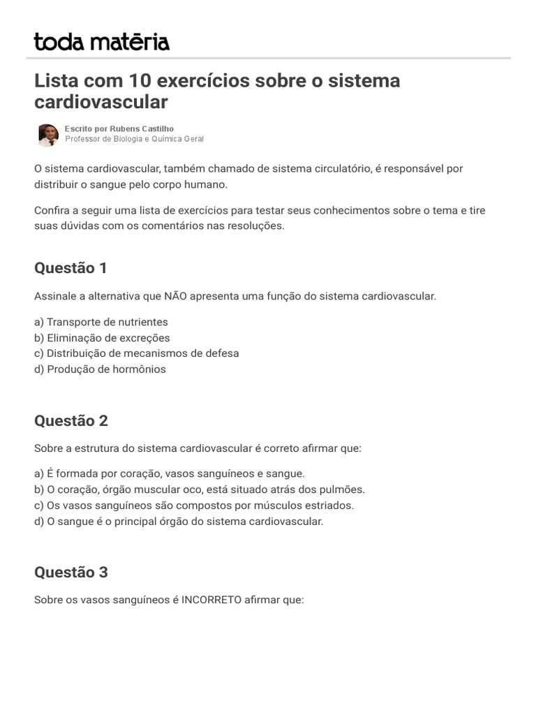 Lista Com 10 Exercícios Sobre O Sistema Cardiovascular – QJWBJX
