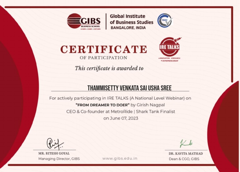 E-Certificate For GIBS IRE Talk Participation | PDF