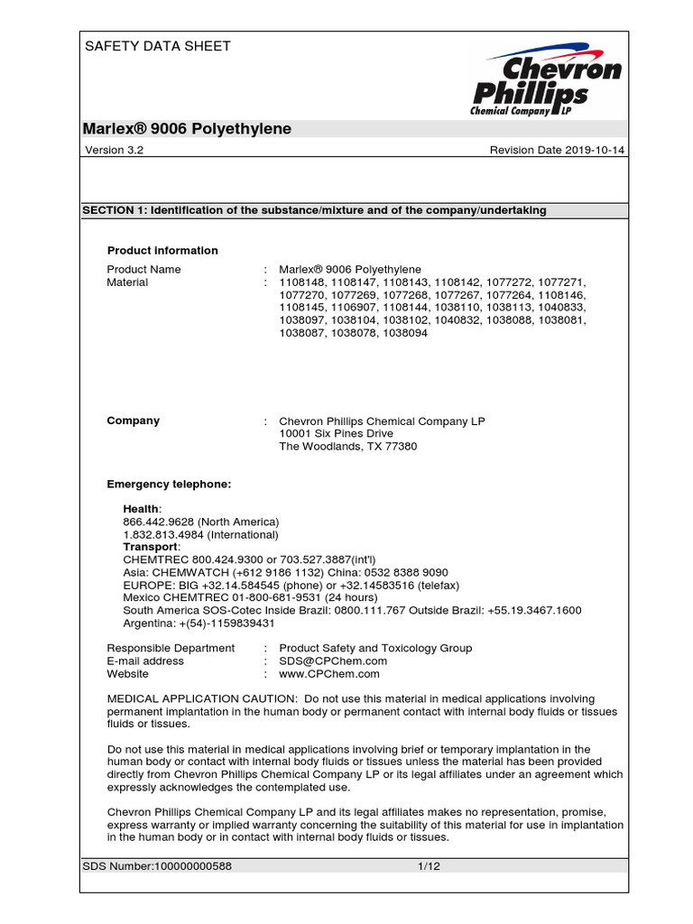 201Chevron Phillips Marlex 9006 Polyethylene SDS 10142019 PDF