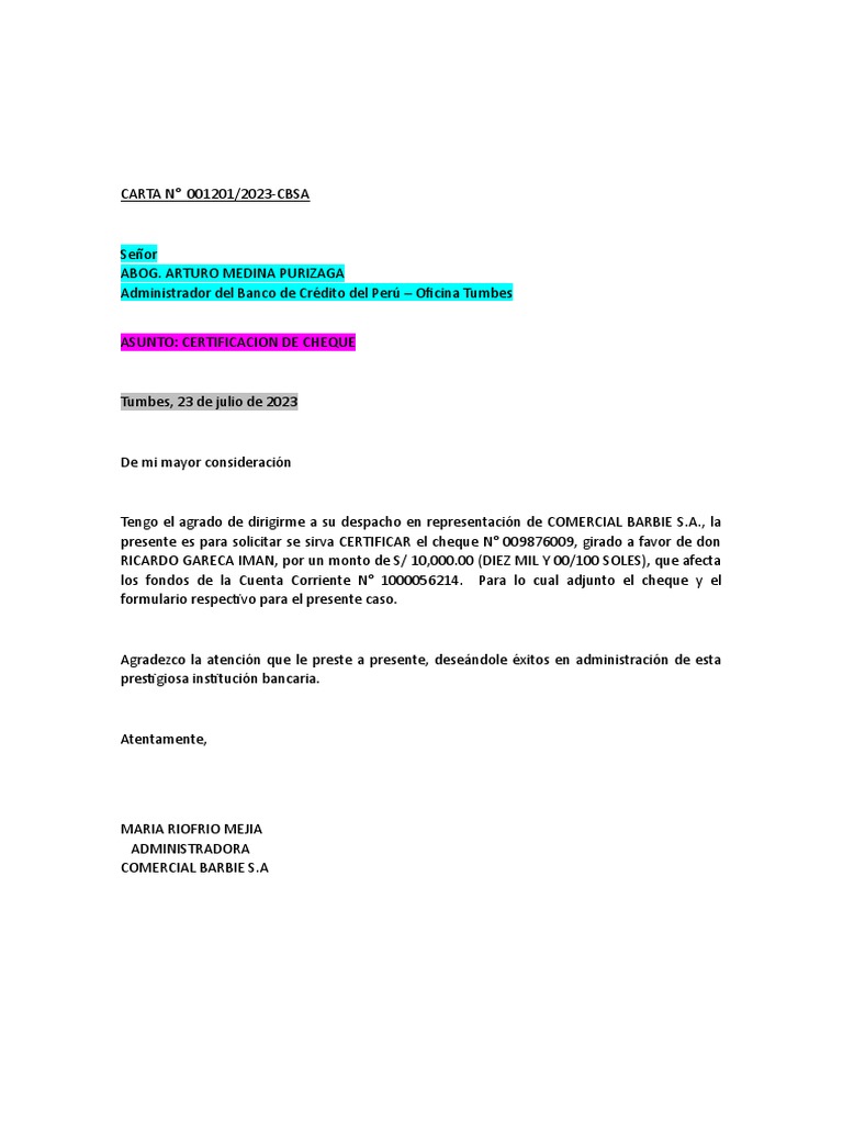 Carta Cheque Certificado Pdf