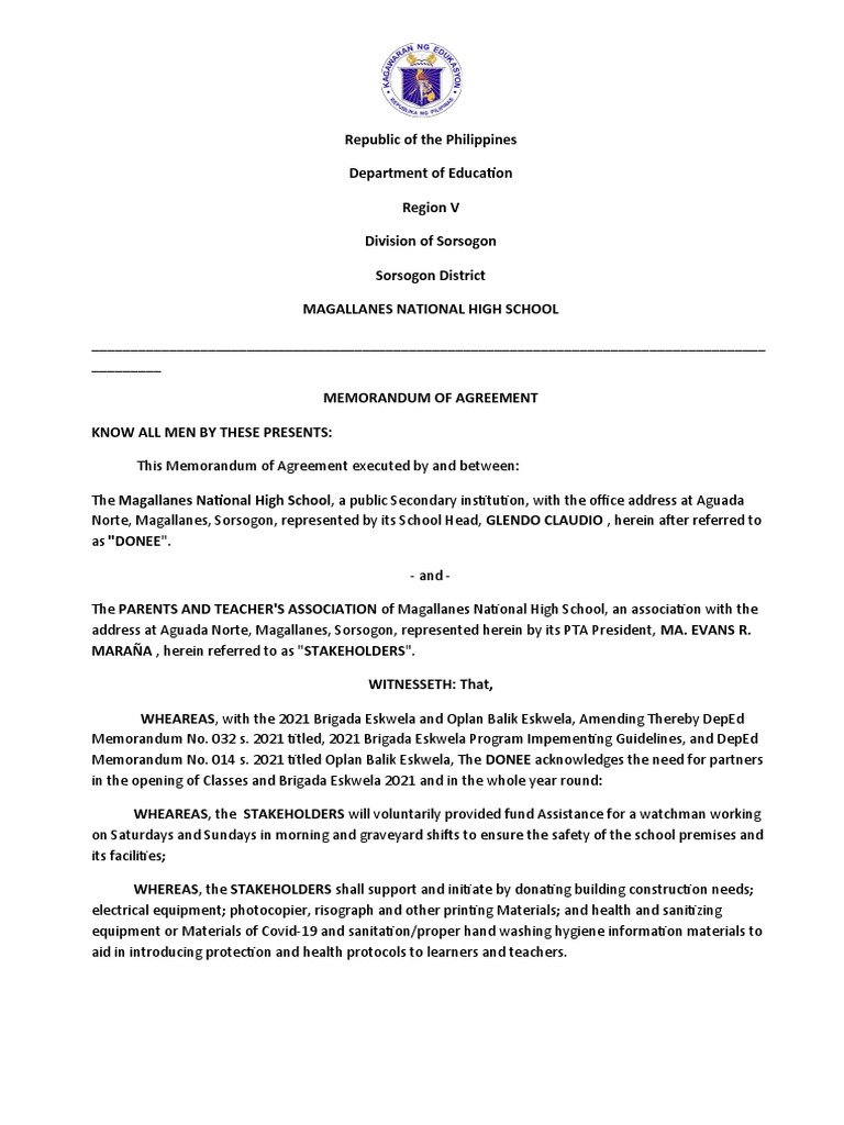 MOA for Magallanes National High School | PDF