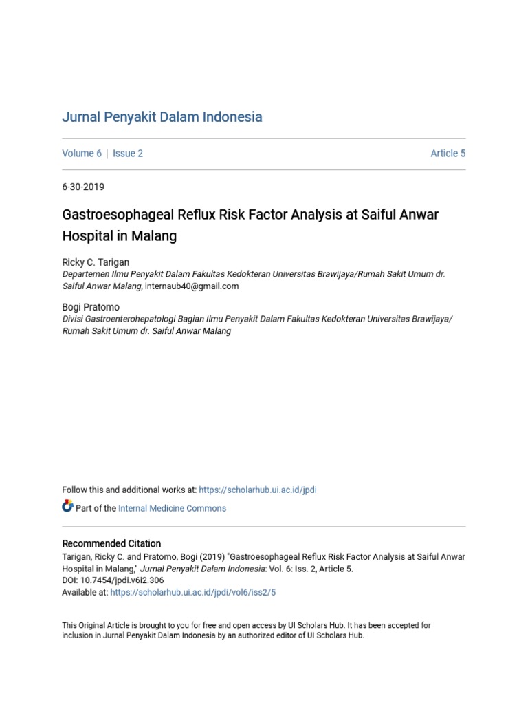 Gastroesophageal Reflux Risk Factor Analysis at Saiful Anwar Hosp | PDF