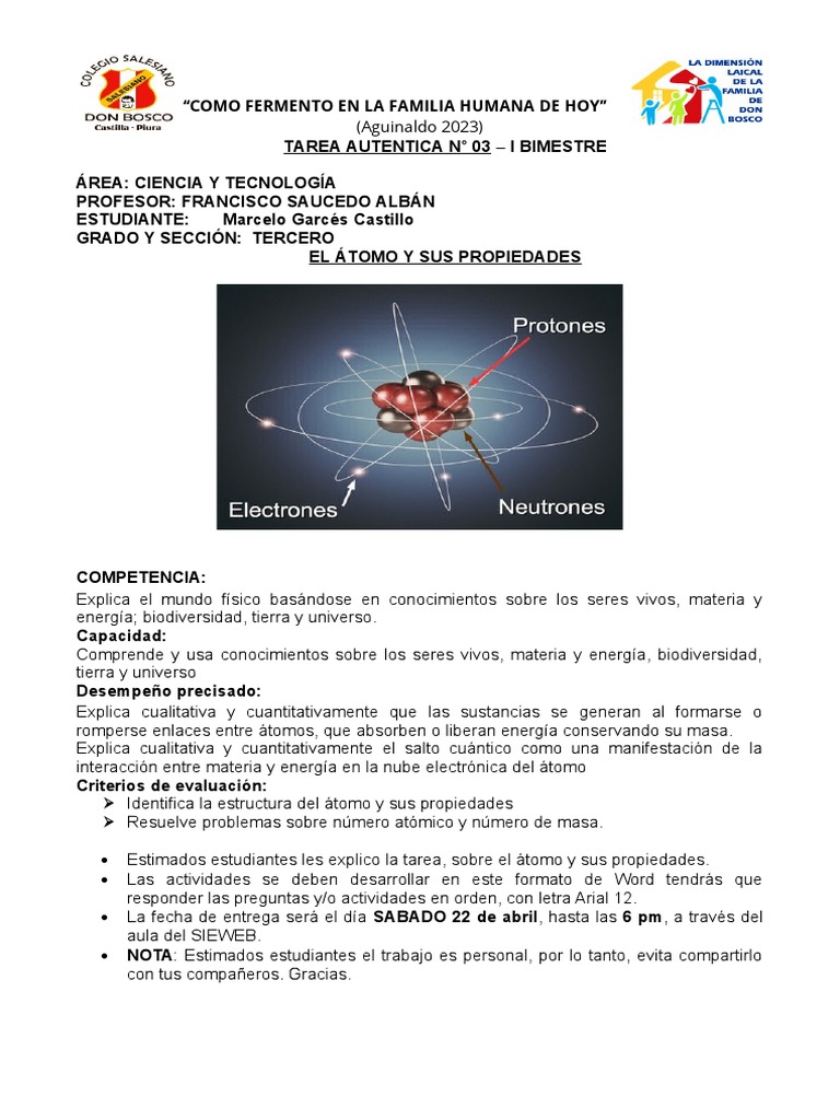 Tarea Autentica N 03 El Atomo y Sus Propiedades | PDF | Átomos | Neutrón