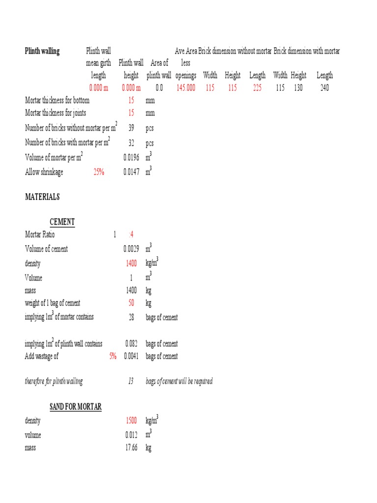 Plinth Walling Material Calculations | PDF | Brick | Mortar (Masonry)
