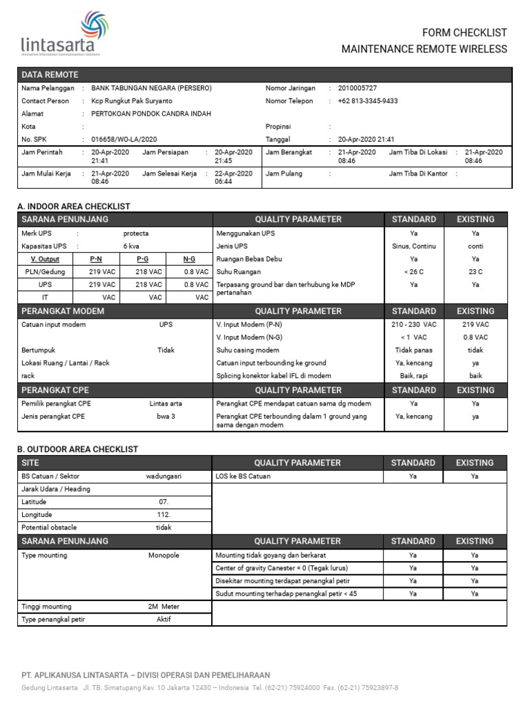 Form Checklist Maintenance Remote Wireless: A. Indoor Area Checklist | PDF
