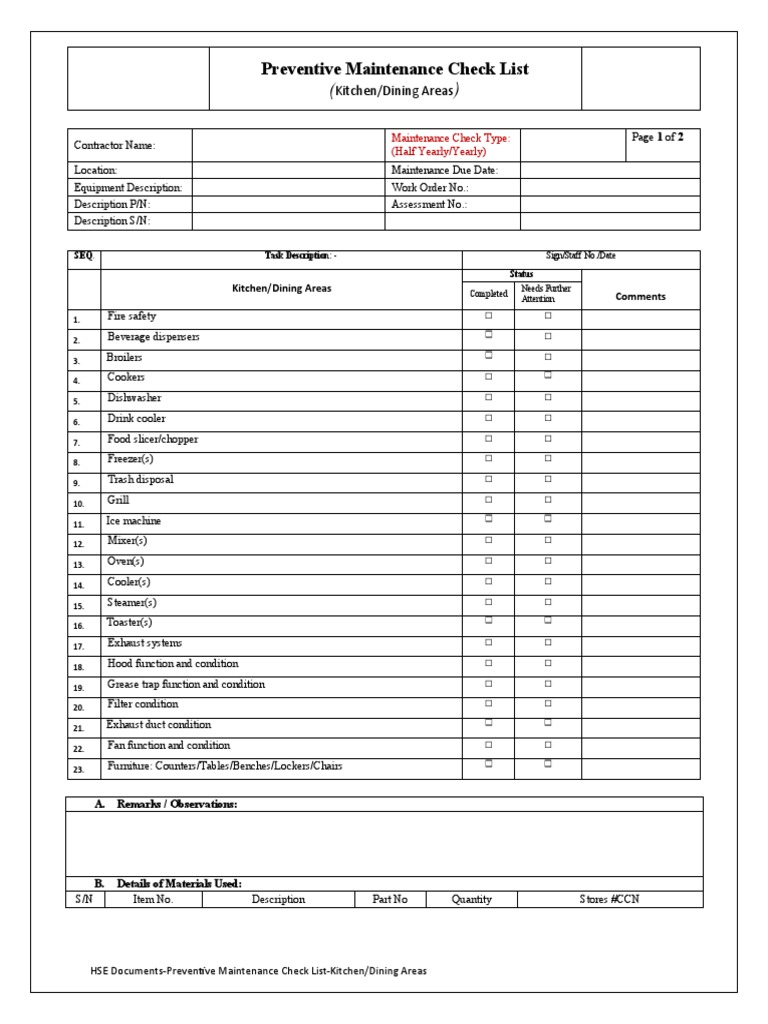 Kitchen Preventive Maintenance Checklist | PDF