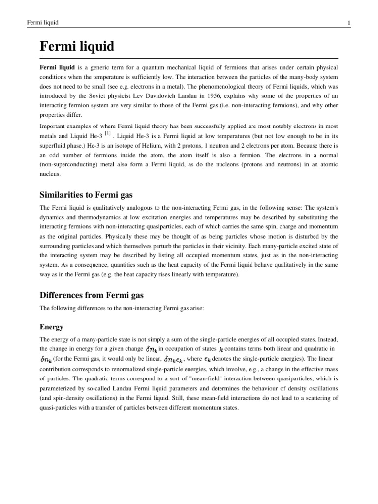 Wikipedia Fermi Liquid PDF Modern Physics Mechanics
