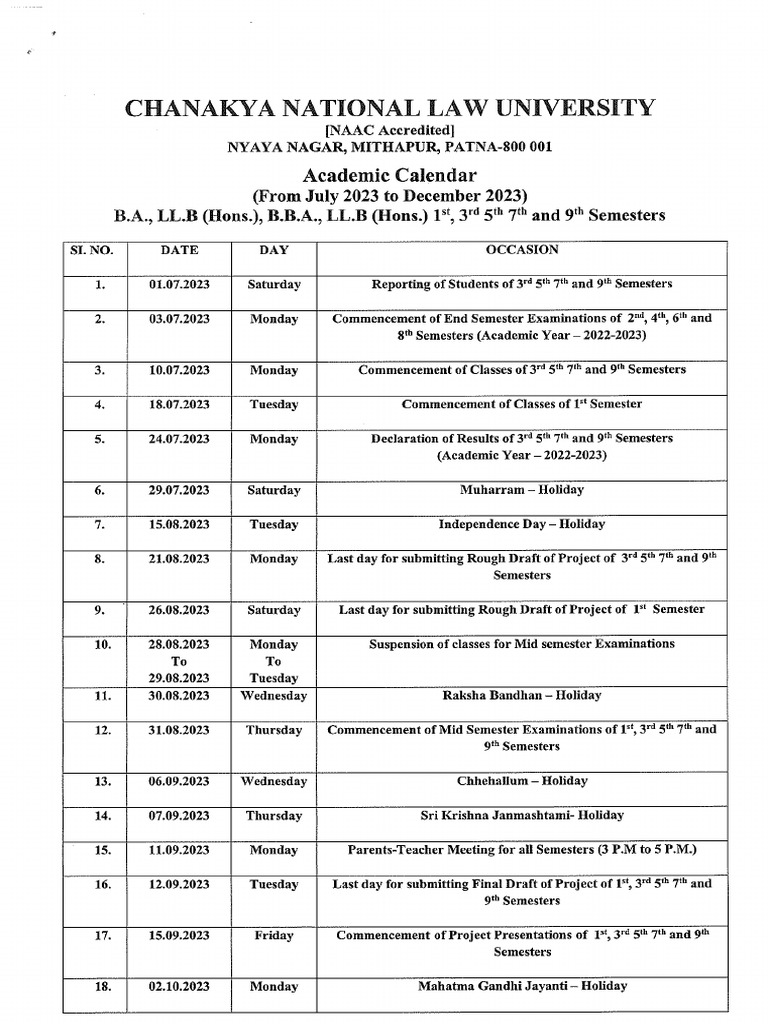 UG Academic Calendar July To December 2023 PDF