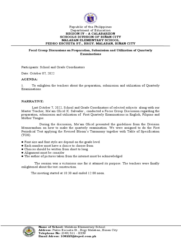 FGD on Quarterly Exam Preparation | PDF