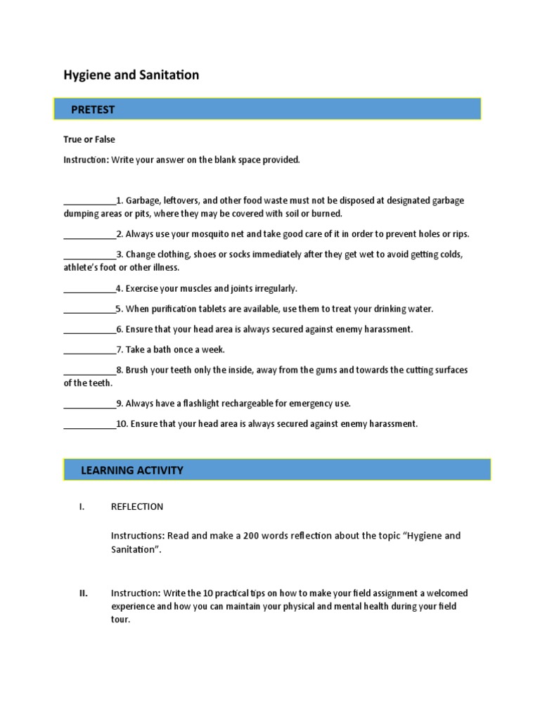 Hygiene and Sanitation Activities PDF Hygiene Sanitation