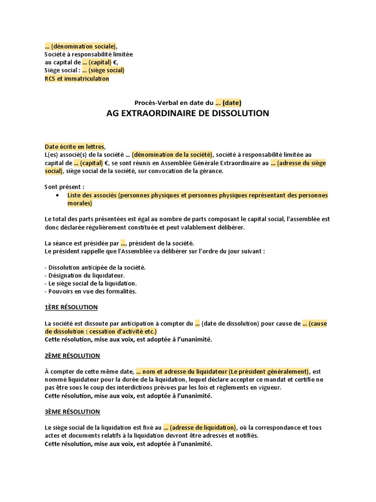 Procès-Verbal de Dissolution SARL | PDF