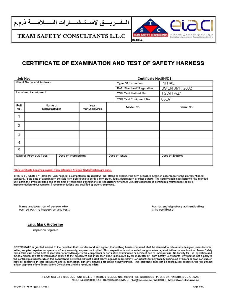 Safety Harness Inspection Certificate | PDF