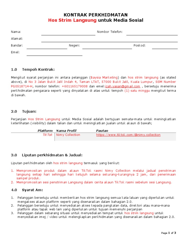 Service-Contract-Template Live Host Hiring (BM) | PDF