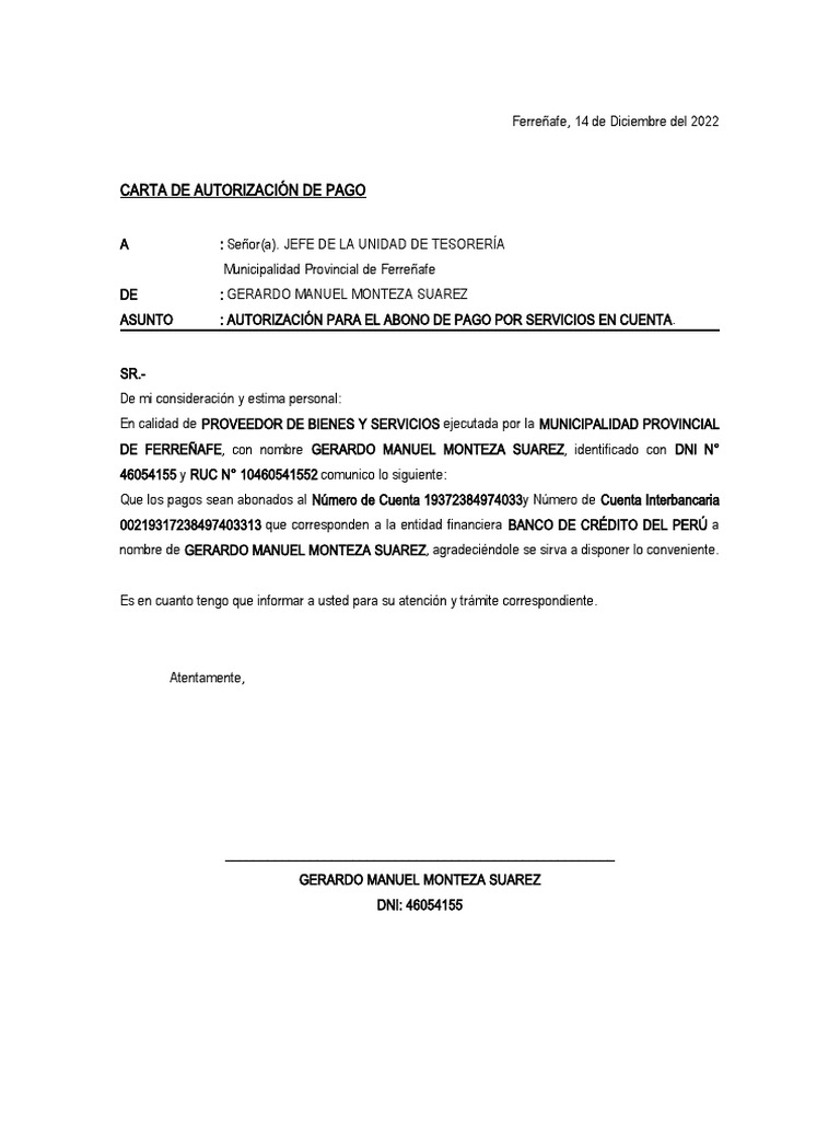 Carta de Autorización de Depósito | PDF