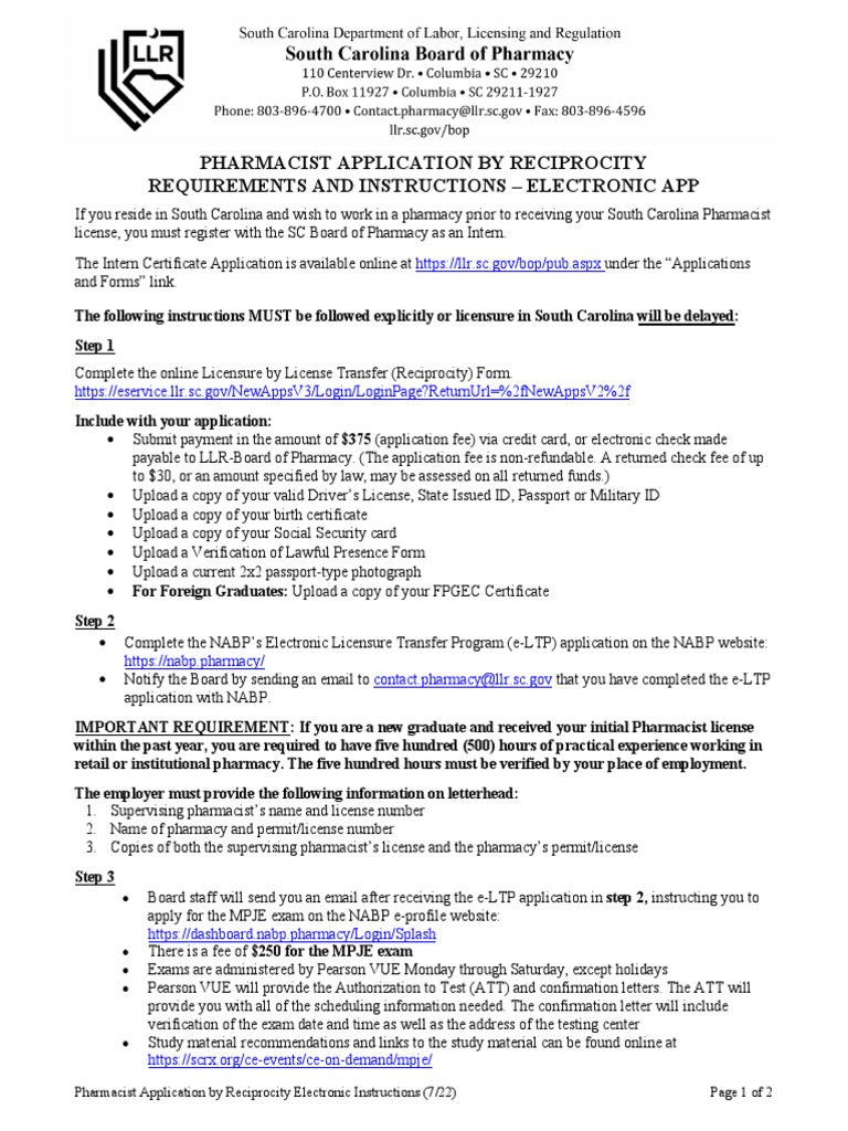 SC Pharmacist Reciprocity Application Guide | PDF