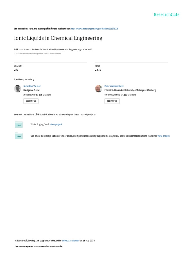 Ionic Liquids in Chemical Engineering: Annual Review of Chemical and ...