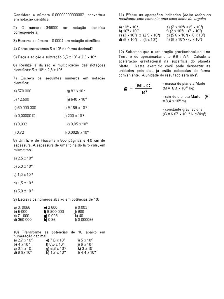 Exercícios de Notação Científica 9º Ano | PDF | Gravidade | Quantidades ...