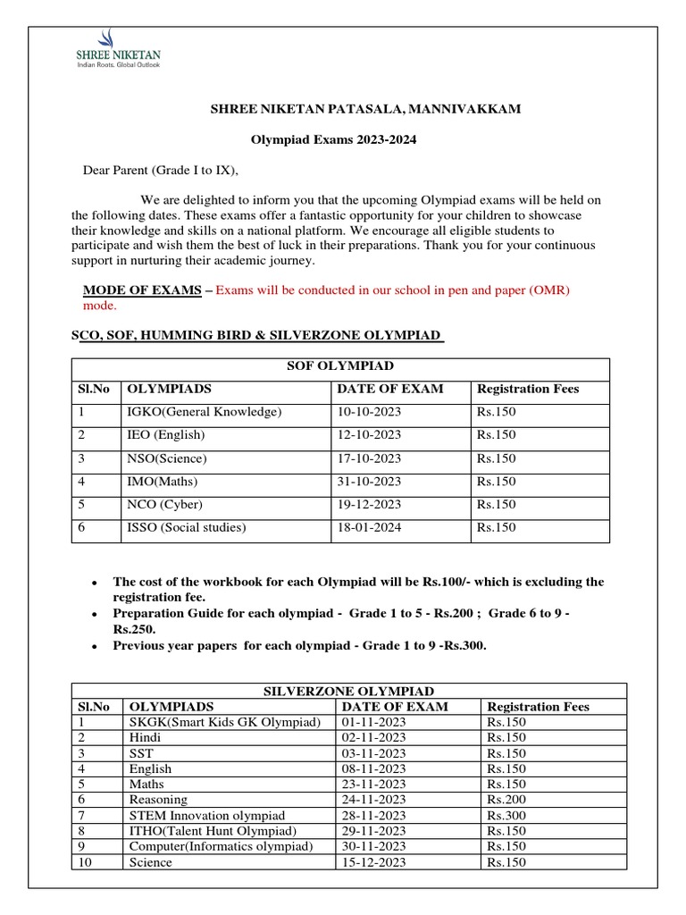 OLYMPIAD Exams Parent Circular 1 | PDF