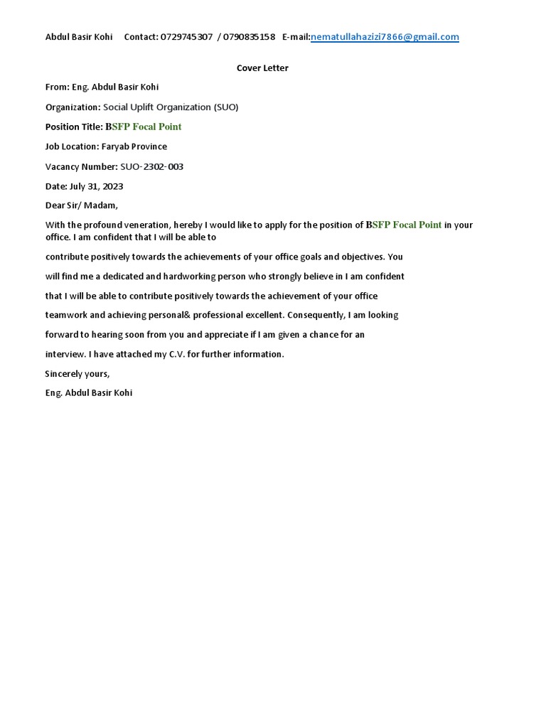 Abdul Basir Kohi, Application For BSFP Focal Point | PDF