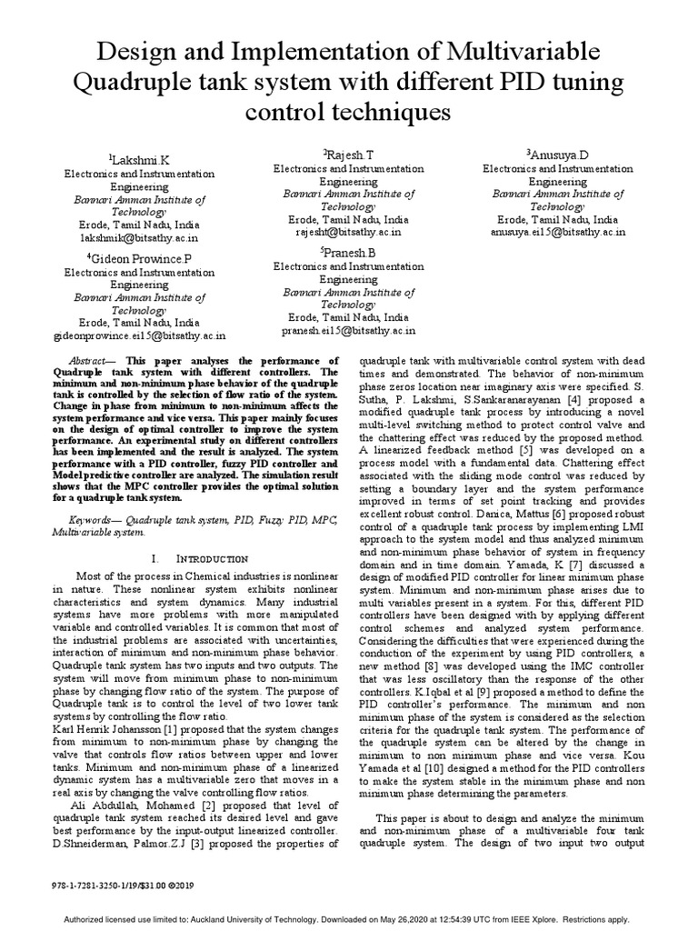 Quadruple Tank PID Control Analysis | PDF | Control Theory | Fuzzy Logic