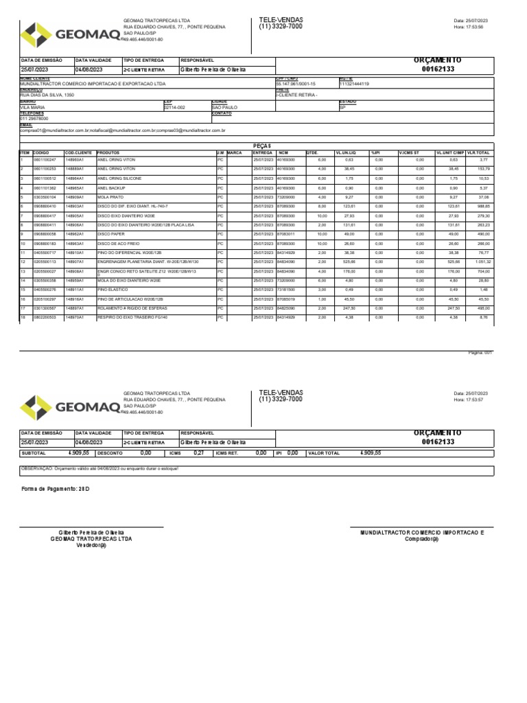 Orçamento Geomaq Tratorpeças LTDA | PDF