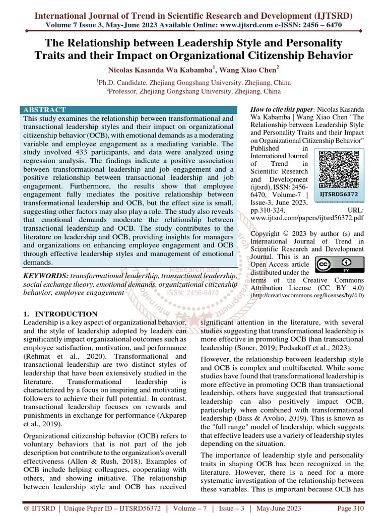 The Relationship Between Leadership Style And Personality Traits And