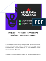 Atividade 1 - Processos de Fabricação Mecânica e Metrologia - 53 2023