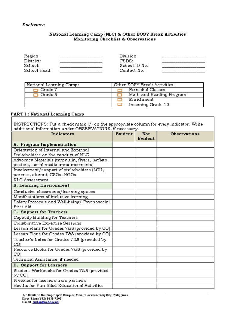 NLC Monitoring Checklist and Observations | PDF