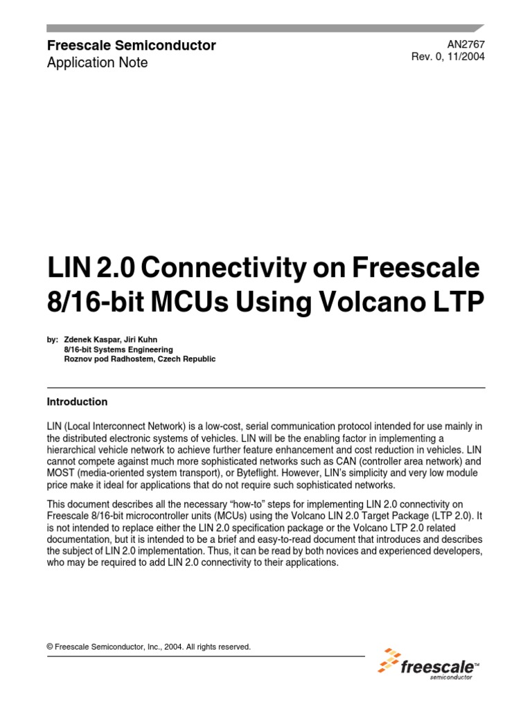 Lin 2.0 Connectivity On Freescale 8/16-Bit Mcus Using Volcano LTP | PDF