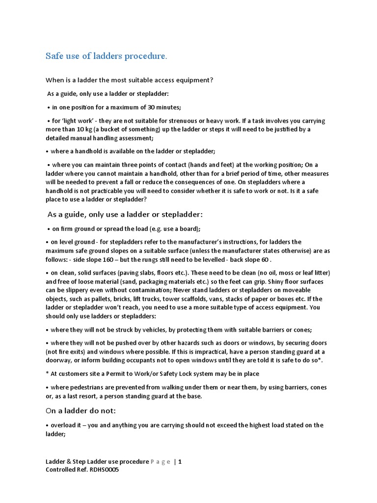 Safe Use of Ladders & Step Ladders Procedure PDF